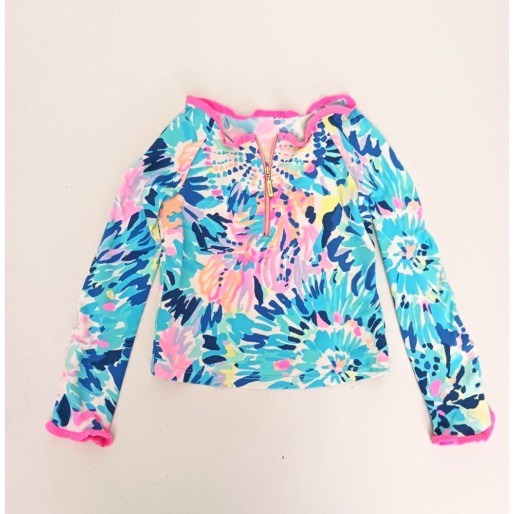 Lilly Pulitzer Luxletic Girls 1/4 Zip Rash Guard Swim Top Sz S (4-5) UPF 50+